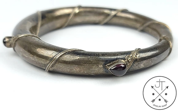 Unique Vintage Sterling Silver Tapered Bangle with Garnet 2.5 Inch