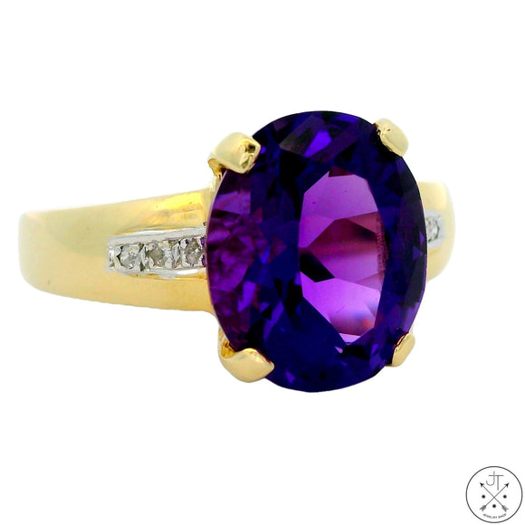 14k Yellow Gold Solitaire Ring with Amethyst and Diamond Size 6.75