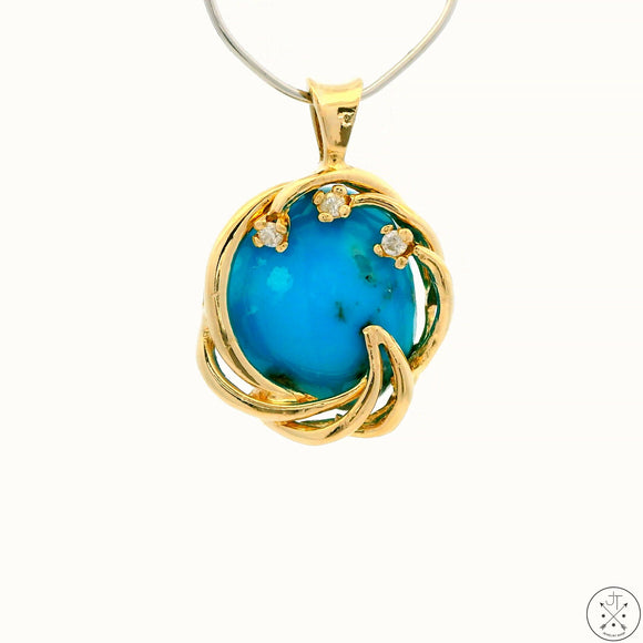 Vintage 14k Yellow Gold Pendant with Old Kingman Turquoise and Diamond