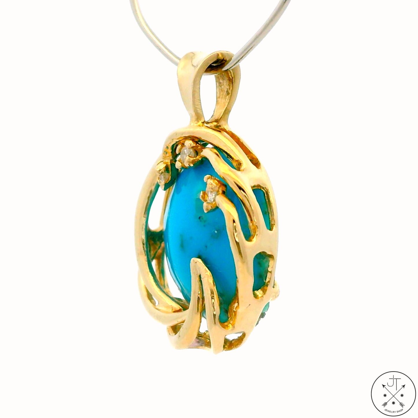 Vintage 14k Yellow Gold Pendant with Old Kingman Turquoise and Diamond