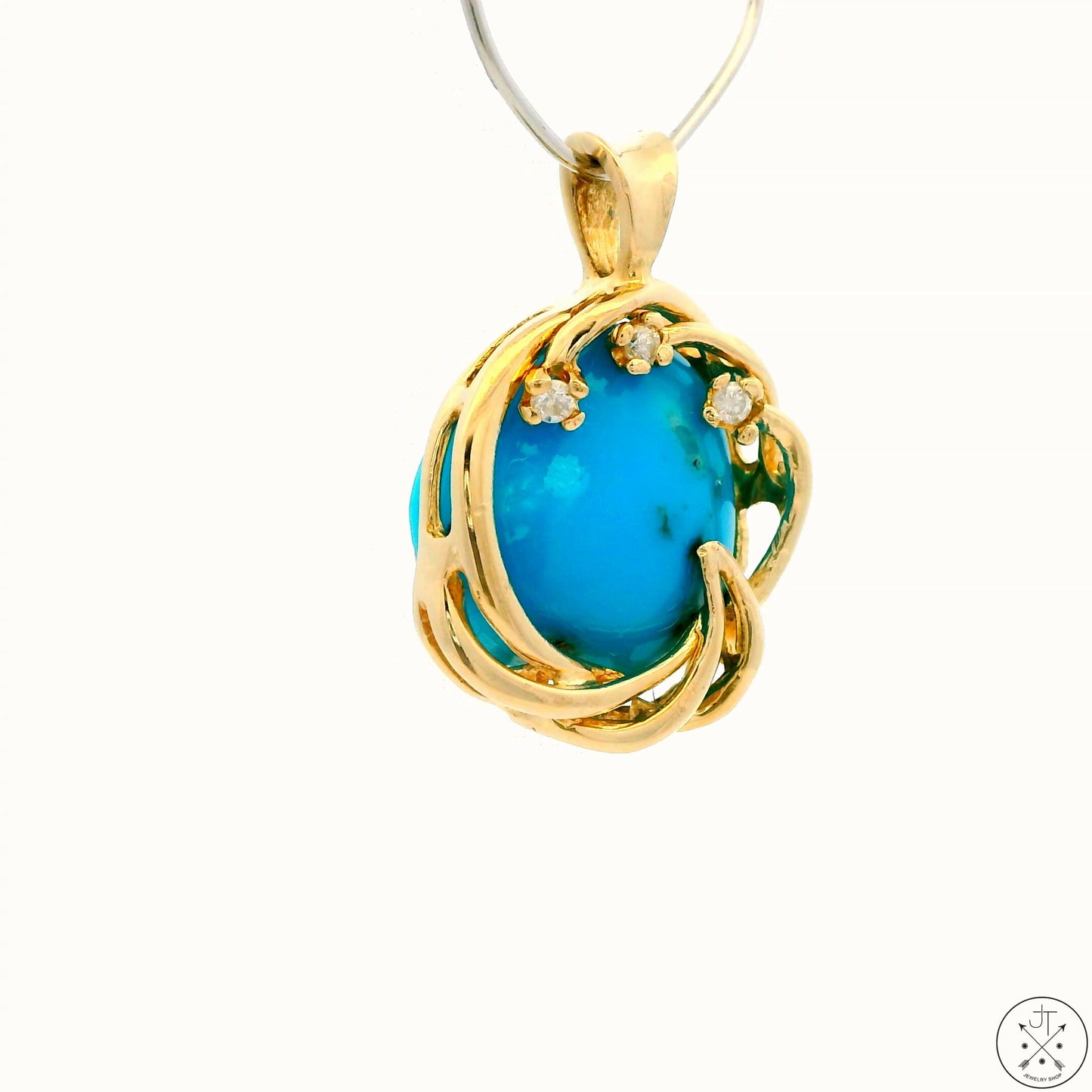 Vintage 14k Yellow Gold Pendant with Old Kingman Turquoise and Diamond