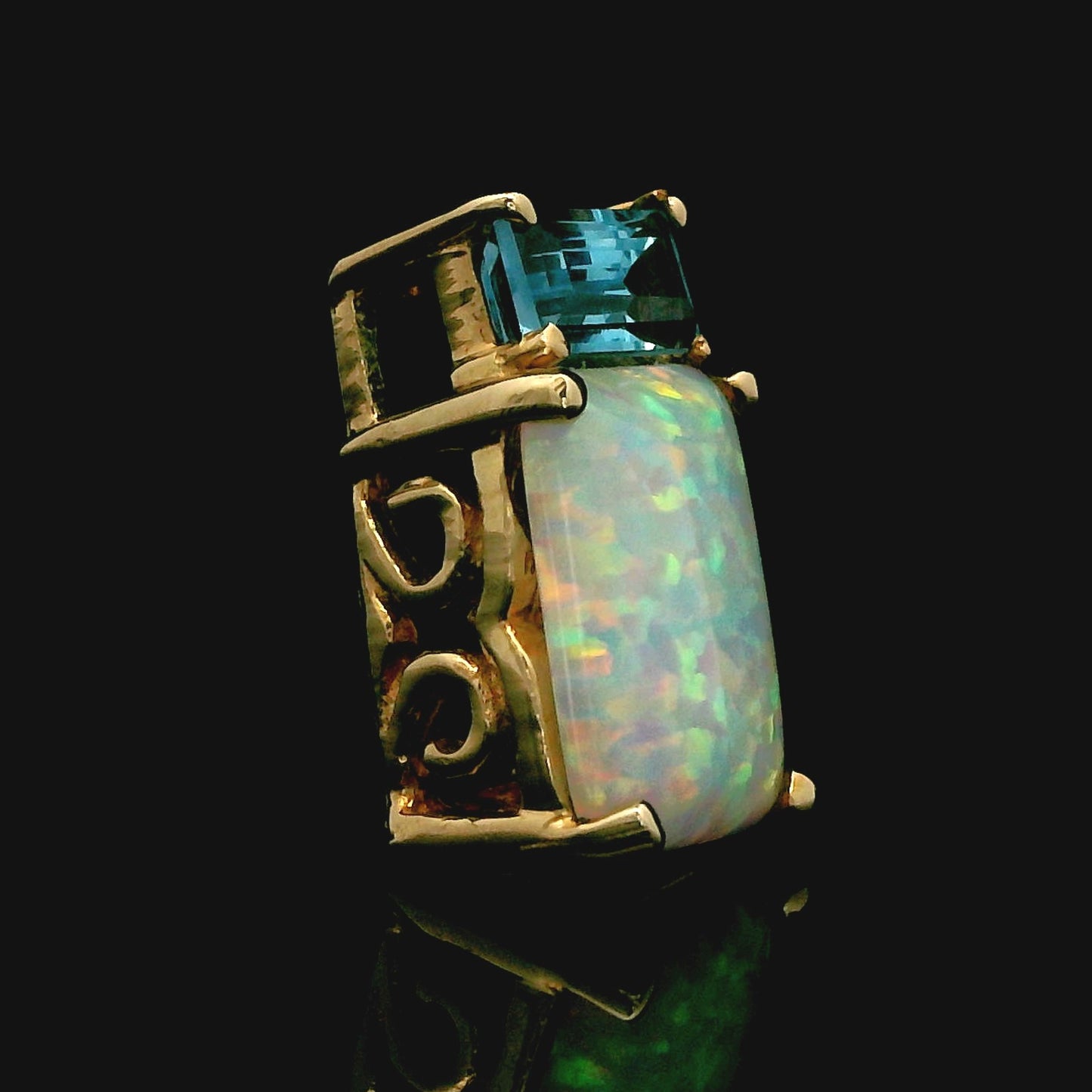 10k Yellow Gold Box Pendant with Topaz and Lab Opal