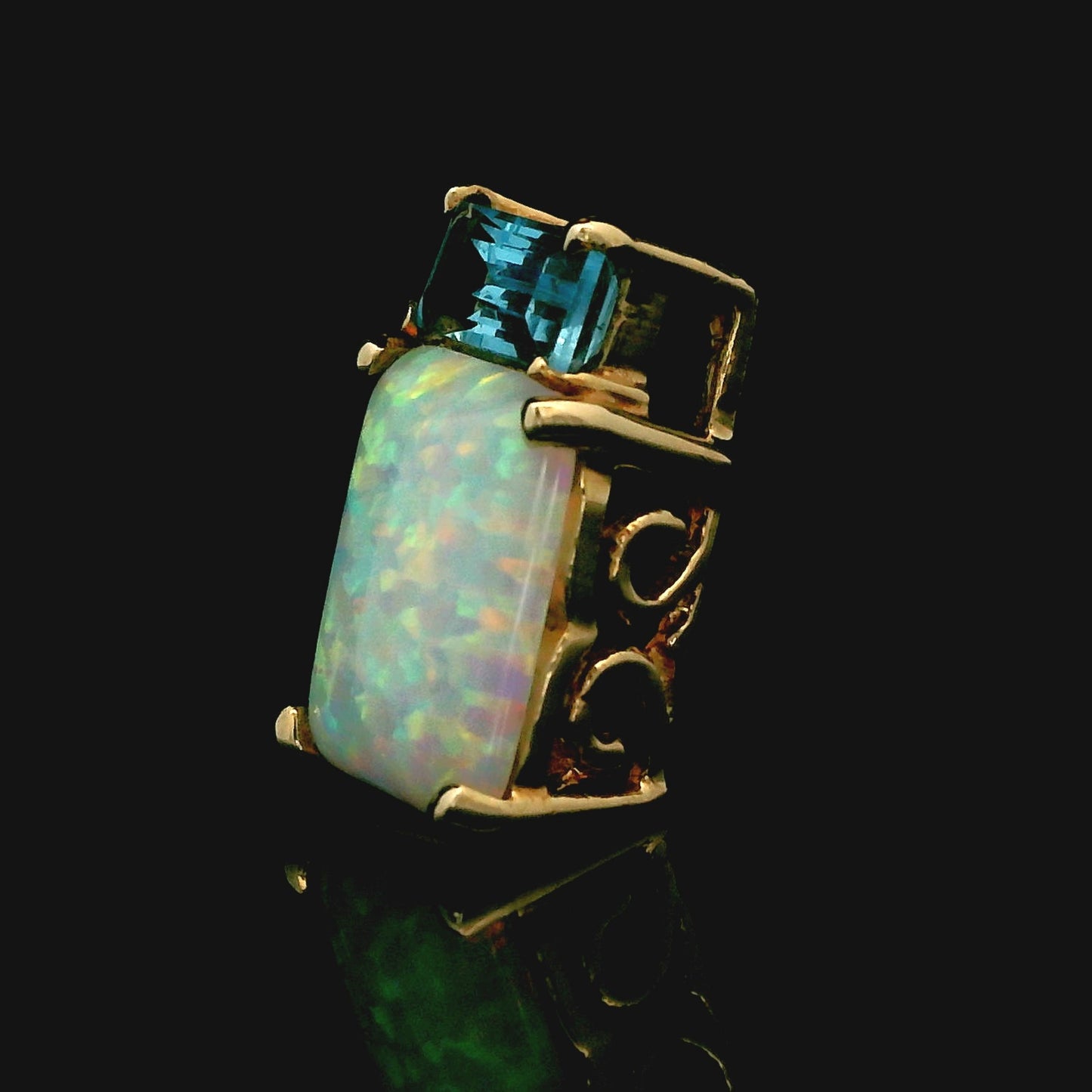 10k Yellow Gold Box Pendant with Topaz and Lab Opal