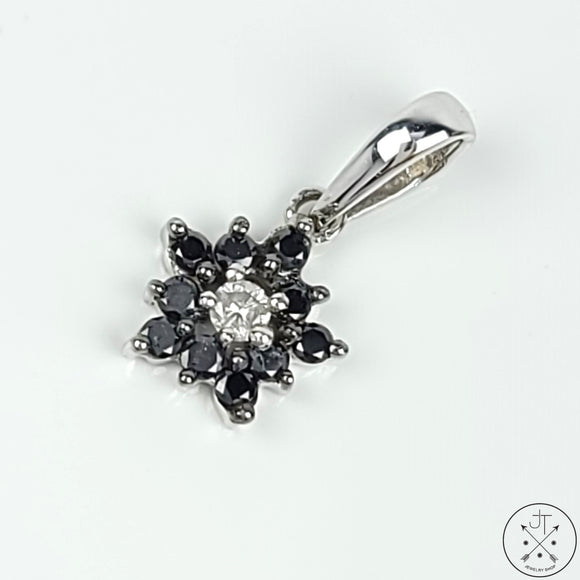 10k White Gold Drop Pendant with Black and White Diamonds Snowflake