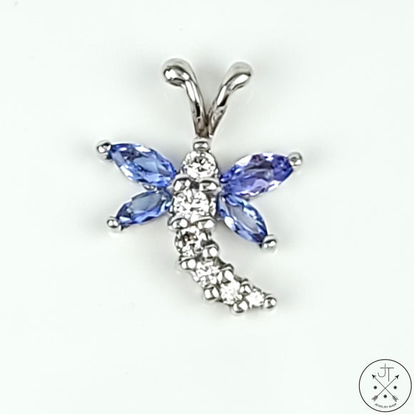 10k White Gold Dragonfly Pendant with Tanzanite and Diamonds