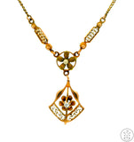 Antique Victorian 10k Yellow Gold Lavalier Necklace with Diamond and Seed Pearl 24 Inch