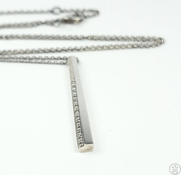 Vintage Sterling Silver Bar Pendant Necklace with Diamond Adjustable 16 17 18 Inch