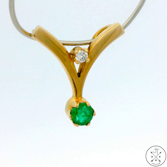 Vintage 14k Yellow Gold Pendant with Emerald and Diamond Deco