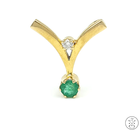 Vintage 14k Yellow Gold Pendant with Emerald and Diamond Deco
