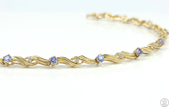 14k Yellow Gold Tennis Bracelet with Lilac Stones and Diamonds 7.5 Inch