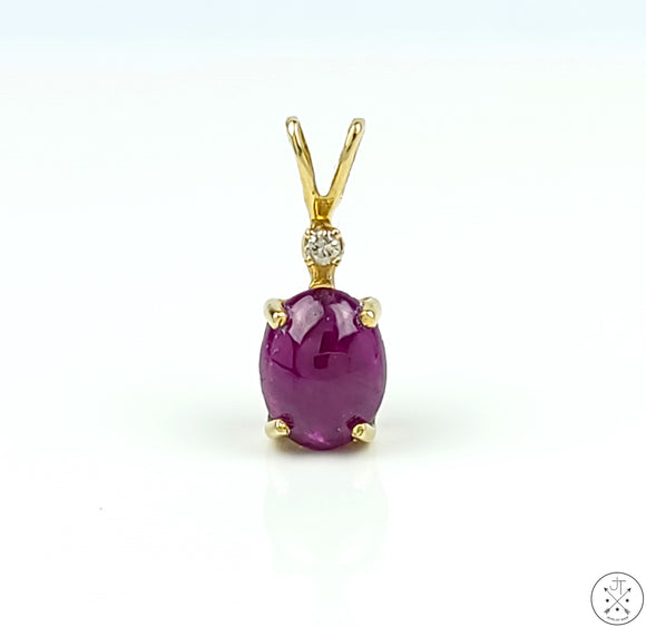 Vintage 14k Yellow Gold Pendant with 1.36 Ruby Cabochon and Diamond
