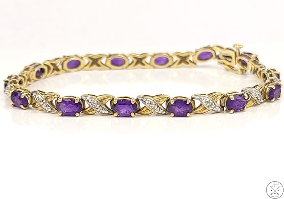 10k Yellow Gold Tennis Bracelet with Amethyst and Diamond 7.25 inch