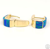 14k Yellow Gold Huggie Earrings Hinged with Lab Blue Opal