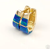 14k Yellow Gold Huggie Earrings Hinged with Lab Blue Opal
