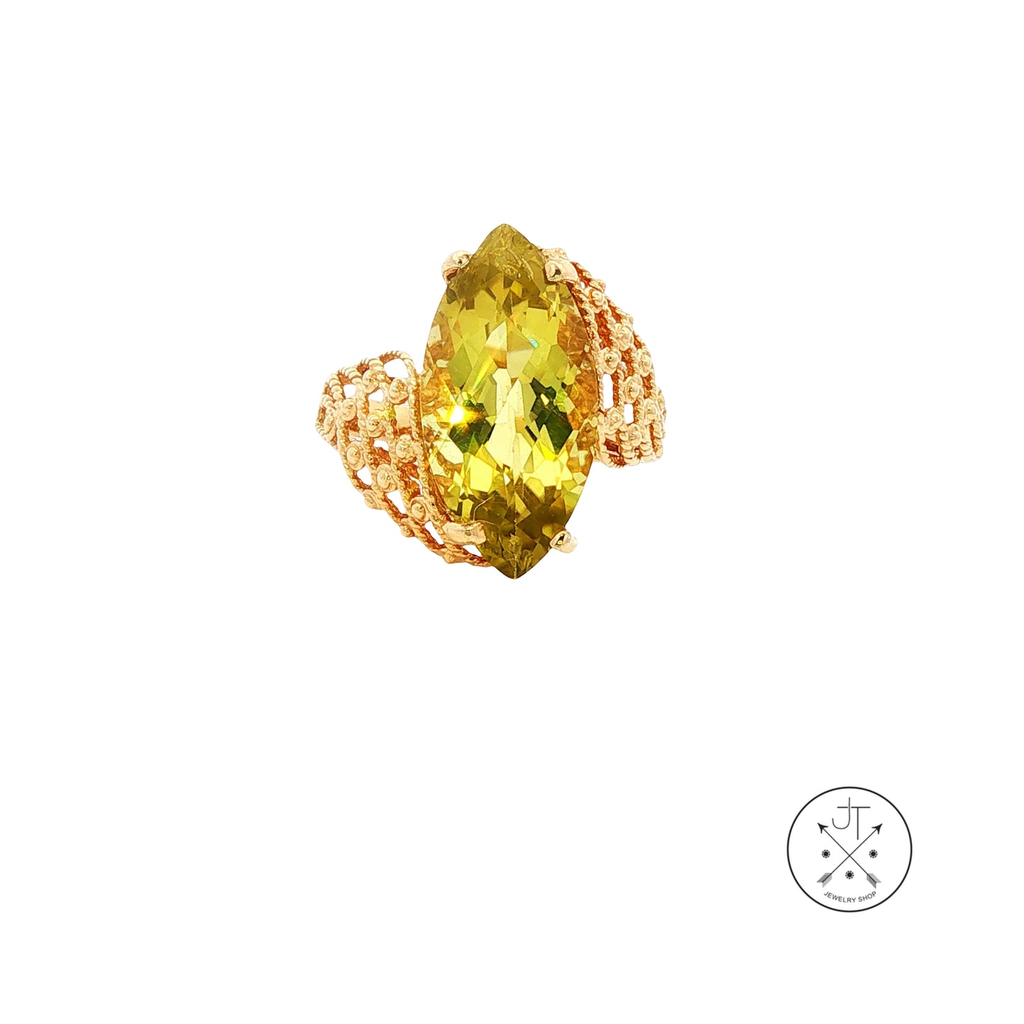 Vintage 10k Yellow Gold Ring with Large Yellow Green Quartz Size 10.25 Marquise