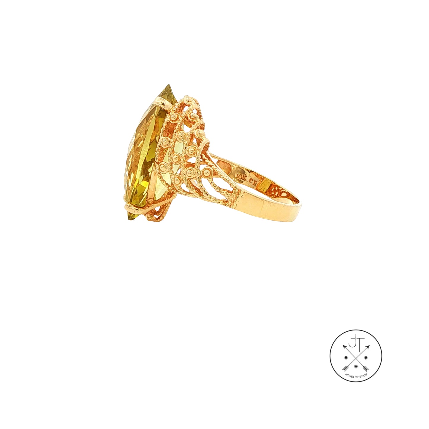Vintage 10k Yellow Gold Ring with Large Yellow Green Quartz Size 10.25 Marquise
