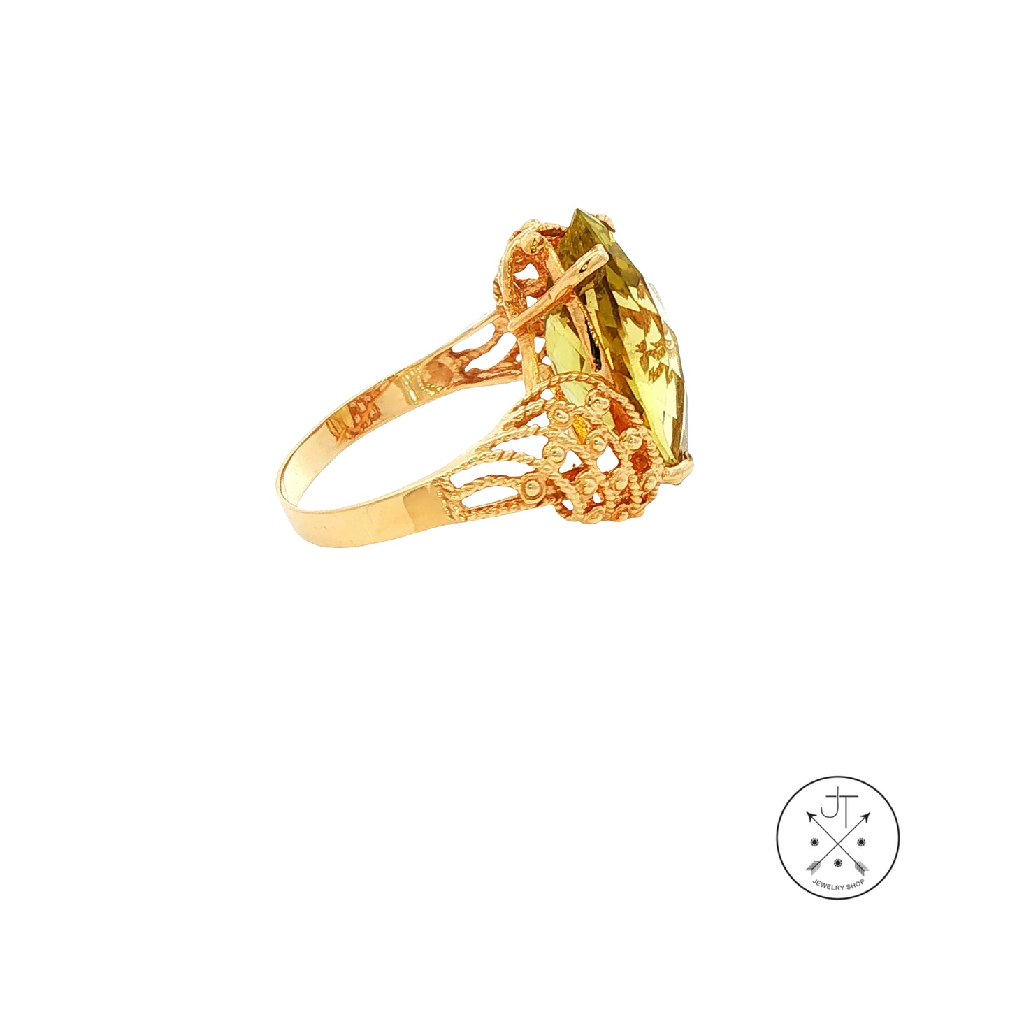 Vintage 10k Yellow Gold Ring with Large Yellow Green Quartz Size 10.25 Marquise