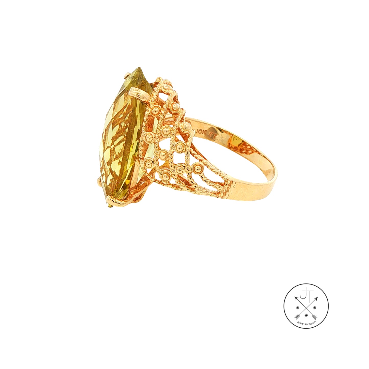 Vintage 10k Yellow Gold Ring with Large Yellow Green Quartz Size 10.25 Marquise