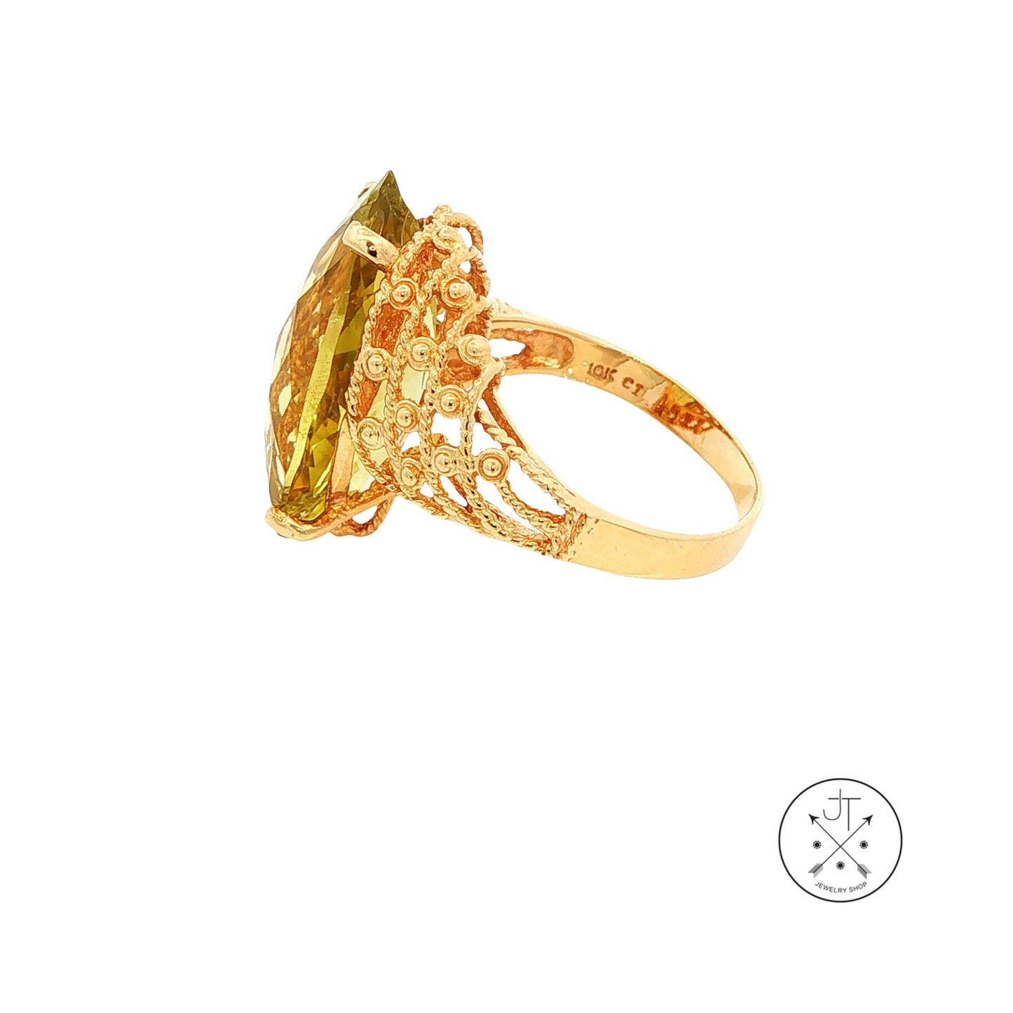 Vintage 10k Yellow Gold Ring with Large Yellow Green Quartz Size 10.25 Marquise