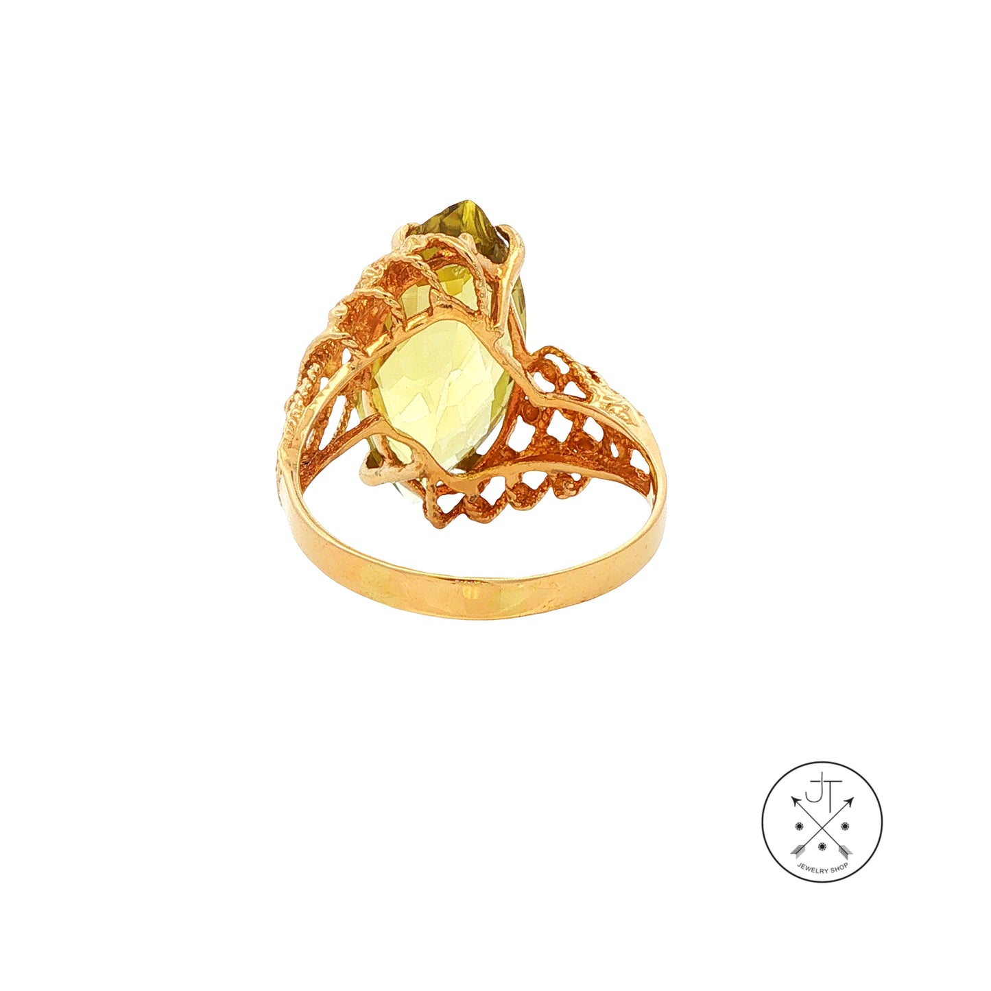 Vintage 10k Yellow Gold Ring with Large Yellow Green Quartz Size 10.25 Marquise