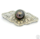 18k White Gold Brooch with 1 ctw Diamonds and 11.4 mm Black Pearl Deco Pin New