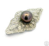 18k White Gold Brooch with 1 ctw Diamonds and 11.4 mm Black Pearl Deco Pin New