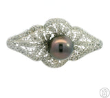 18k White Gold Brooch with 1 ctw Diamonds and 11.4 mm Black Pearl Deco Pin New