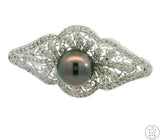 18k White Gold Brooch with 1 ctw Diamonds and 11.4 mm Black Pearl Deco Pin New