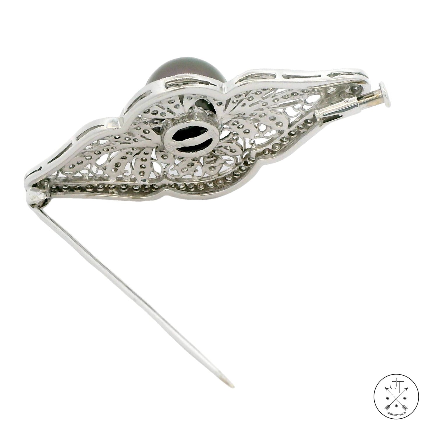 18k White Gold Brooch with 1 ctw Diamonds and 11.4 mm Black Pearl Deco Pin New