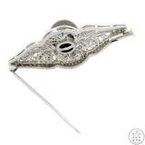 18k White Gold Brooch with 1 ctw Diamonds and 11.4 mm Black Pearl Deco Pin New