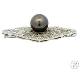 18k White Gold Brooch with 1 ctw Diamonds and 11.4 mm Black Pearl Deco Pin New