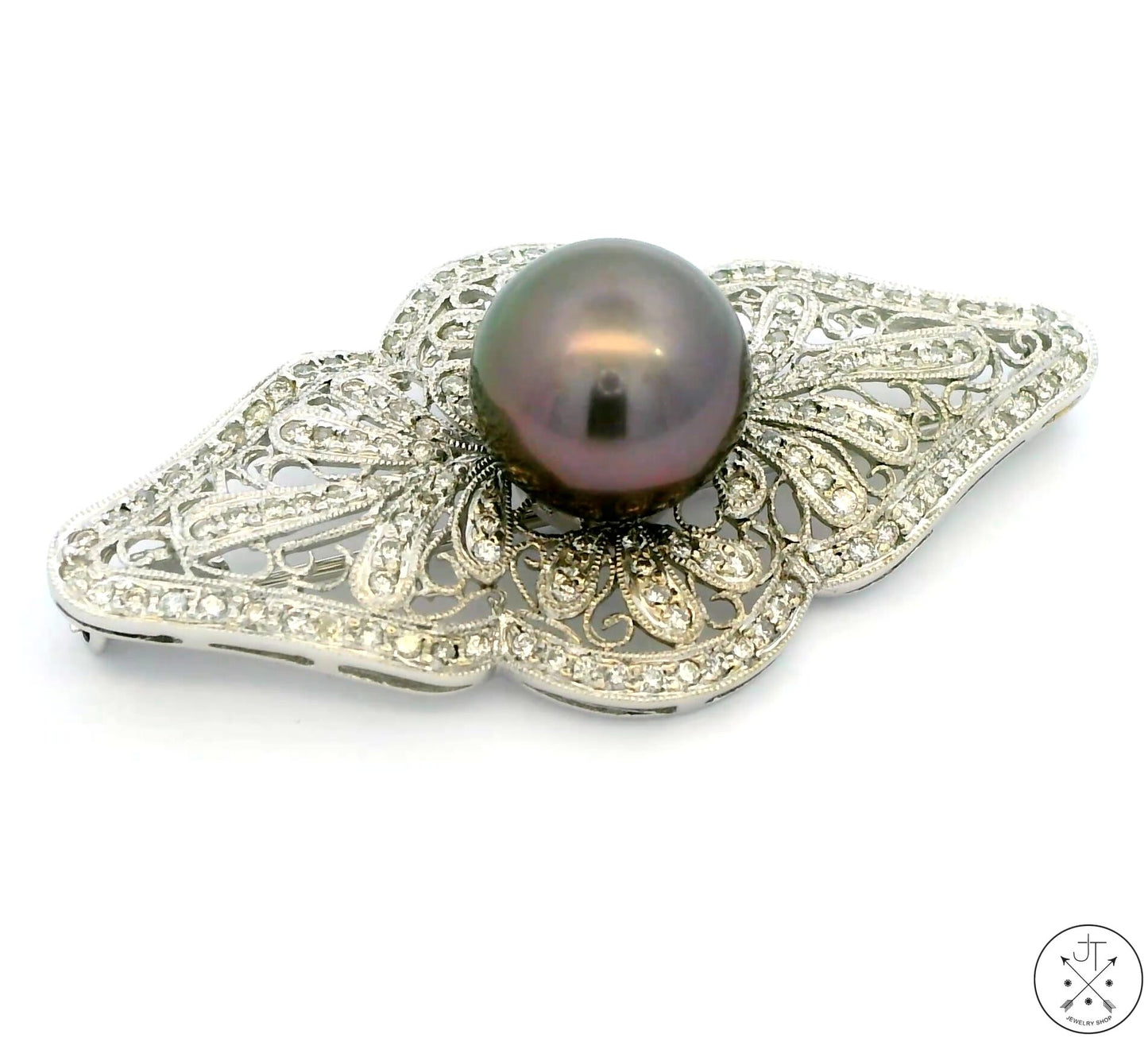 18k White Gold Brooch with 1 ctw Diamonds and 11.4 mm Black Pearl Deco Pin New