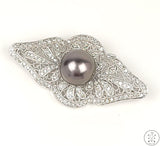 18k White Gold Brooch with 1 ctw Diamonds and 11.4 mm Black Pearl Deco Pin New