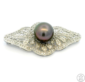 18k White Gold Brooch with 1 ctw Diamonds and 11.4 mm Black Pearl Deco Pin New