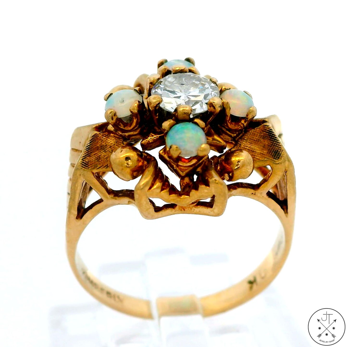 Vintage 10k Yellow Gold Ring with 1/2 carat Old Euro Diamond and Opal Size 5.5