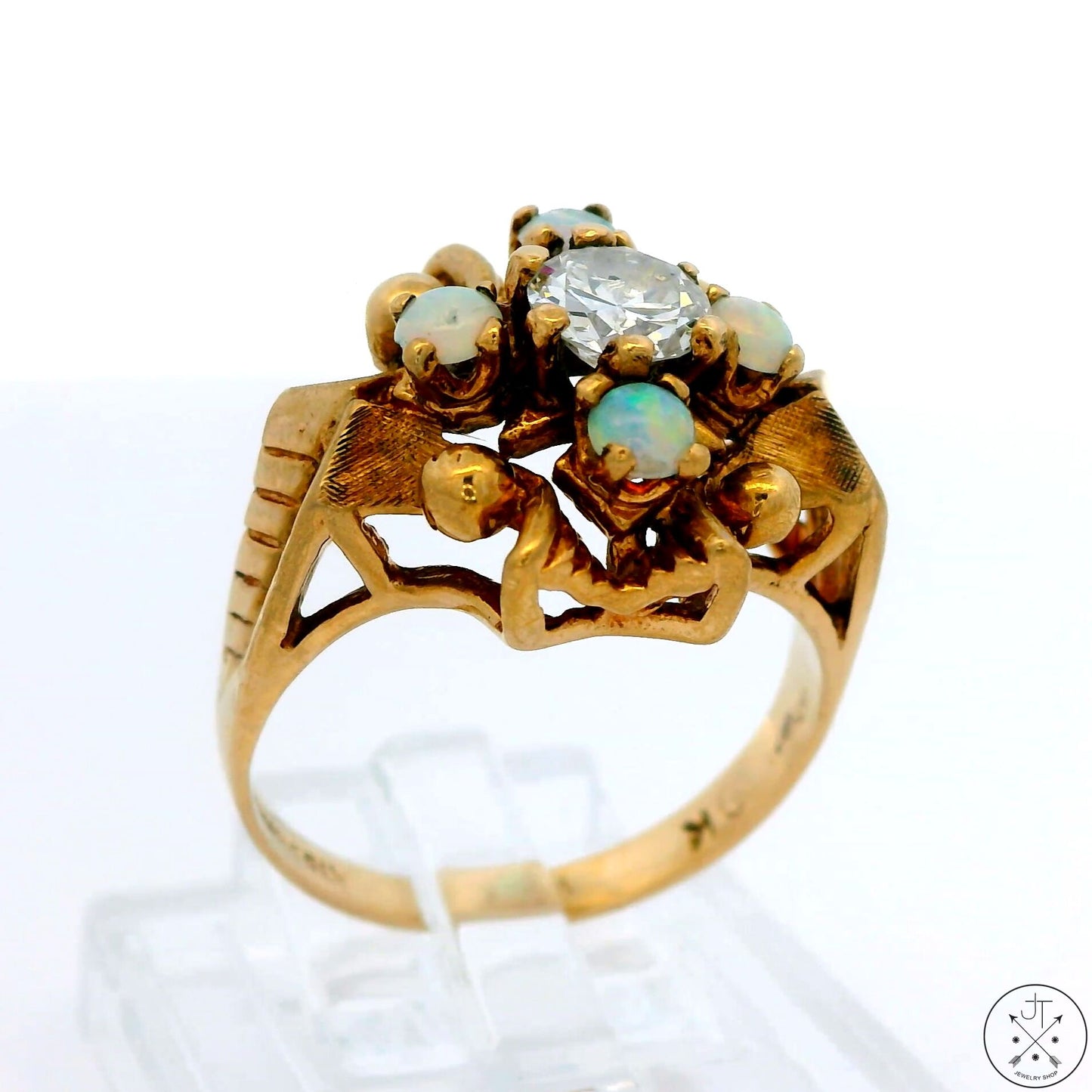 Vintage 10k Yellow Gold Ring with 1/2 carat Old Euro Diamond and Opal Size 5.5