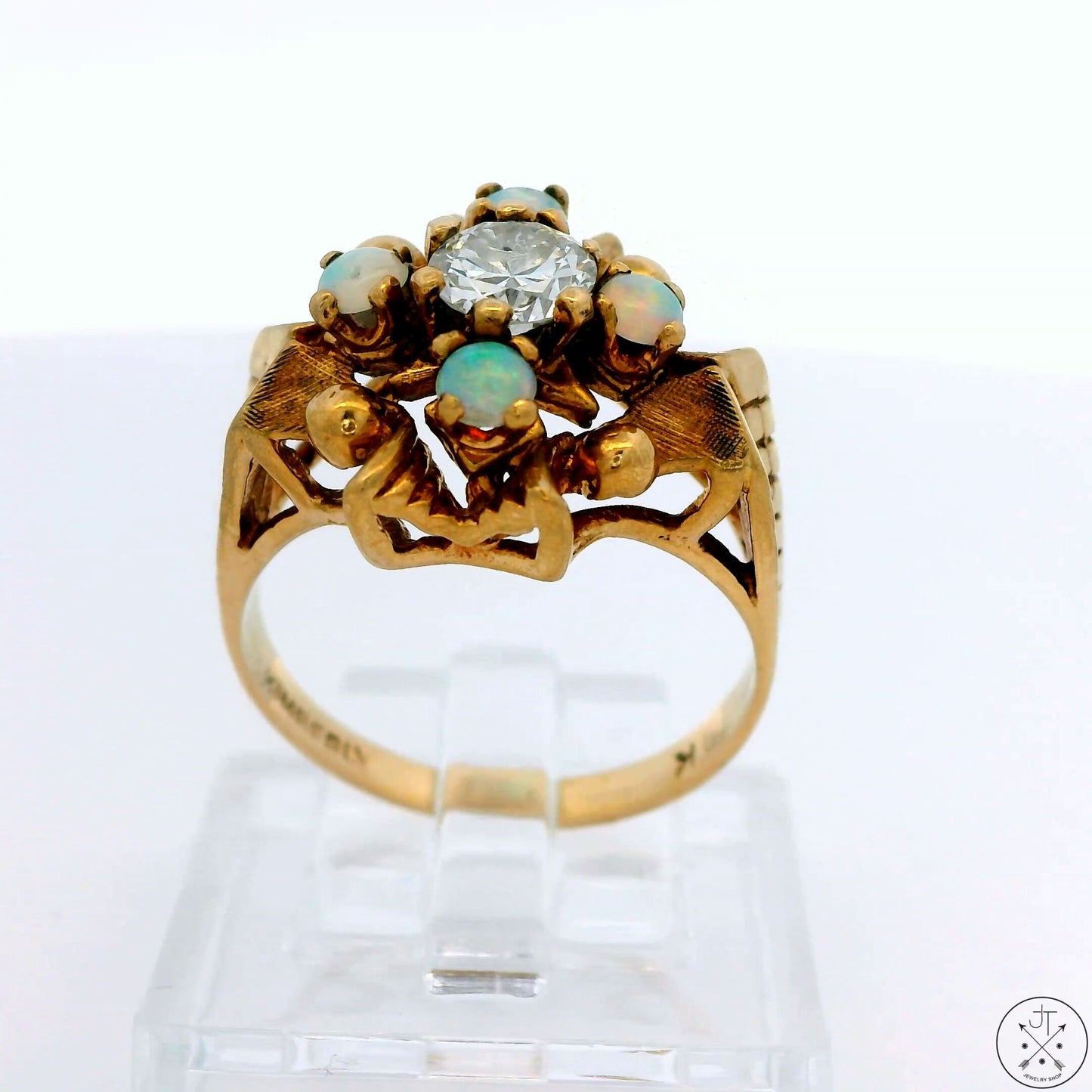 Vintage 10k Yellow Gold Ring with 1/2 carat Old Euro Diamond and Opal Size 5.5