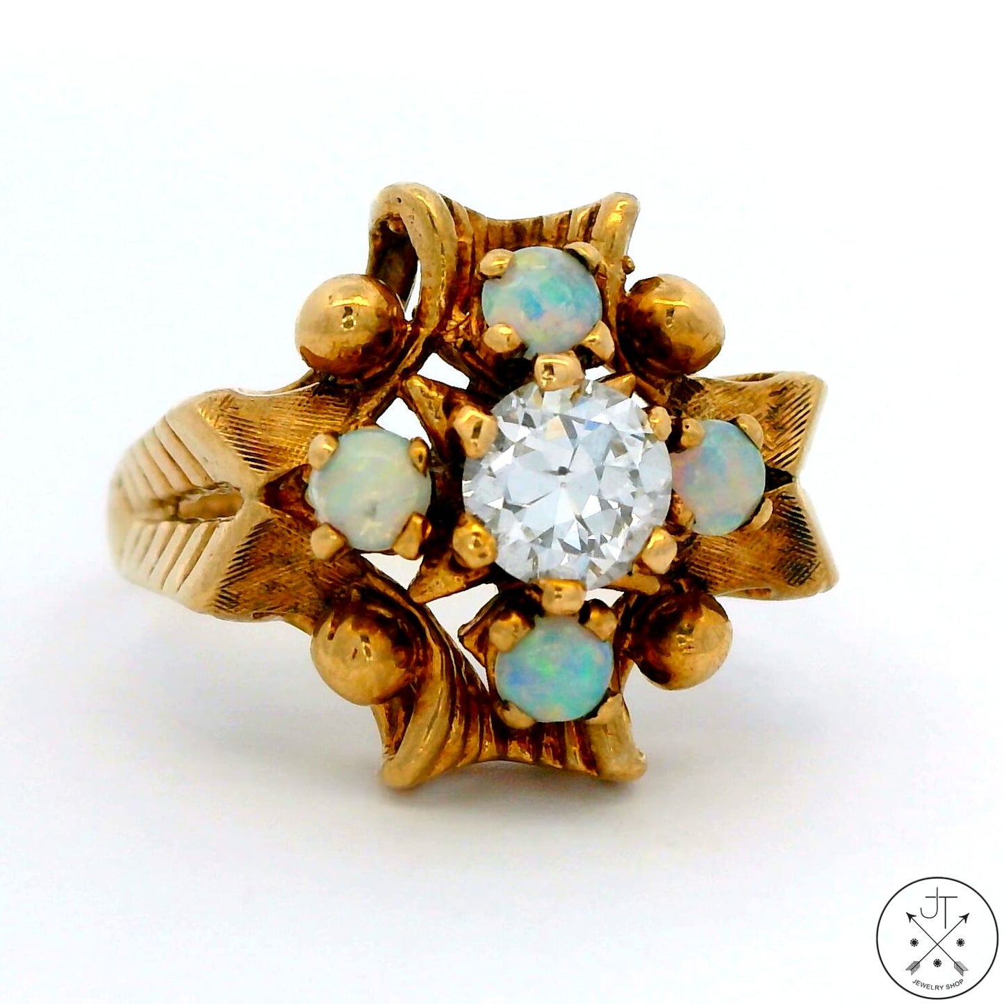 Vintage 10k Yellow Gold Ring with 1/2 carat Old Euro Diamond and Opal Size 5.5