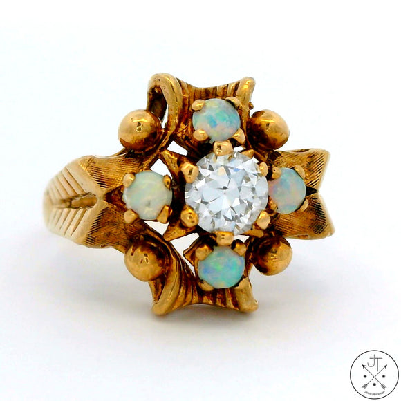 Vintage 10k Yellow Gold Ring with 1/2 carat Old Euro Diamond and Opal Size 5.5