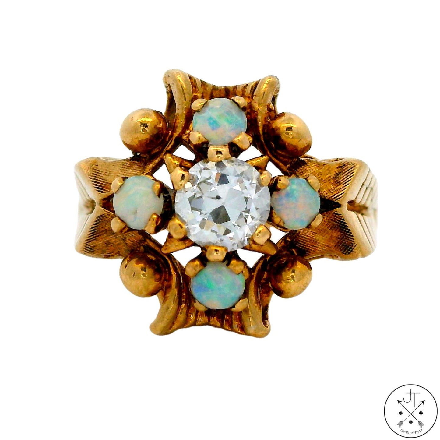 Vintage 10k Yellow Gold Ring with 1/2 carat Old Euro Diamond and Opal Size 5.5