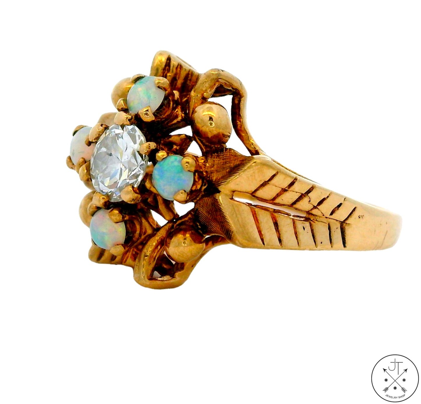 Vintage 10k Yellow Gold Ring with 1/2 carat Old Euro Diamond and Opal Size 5.5