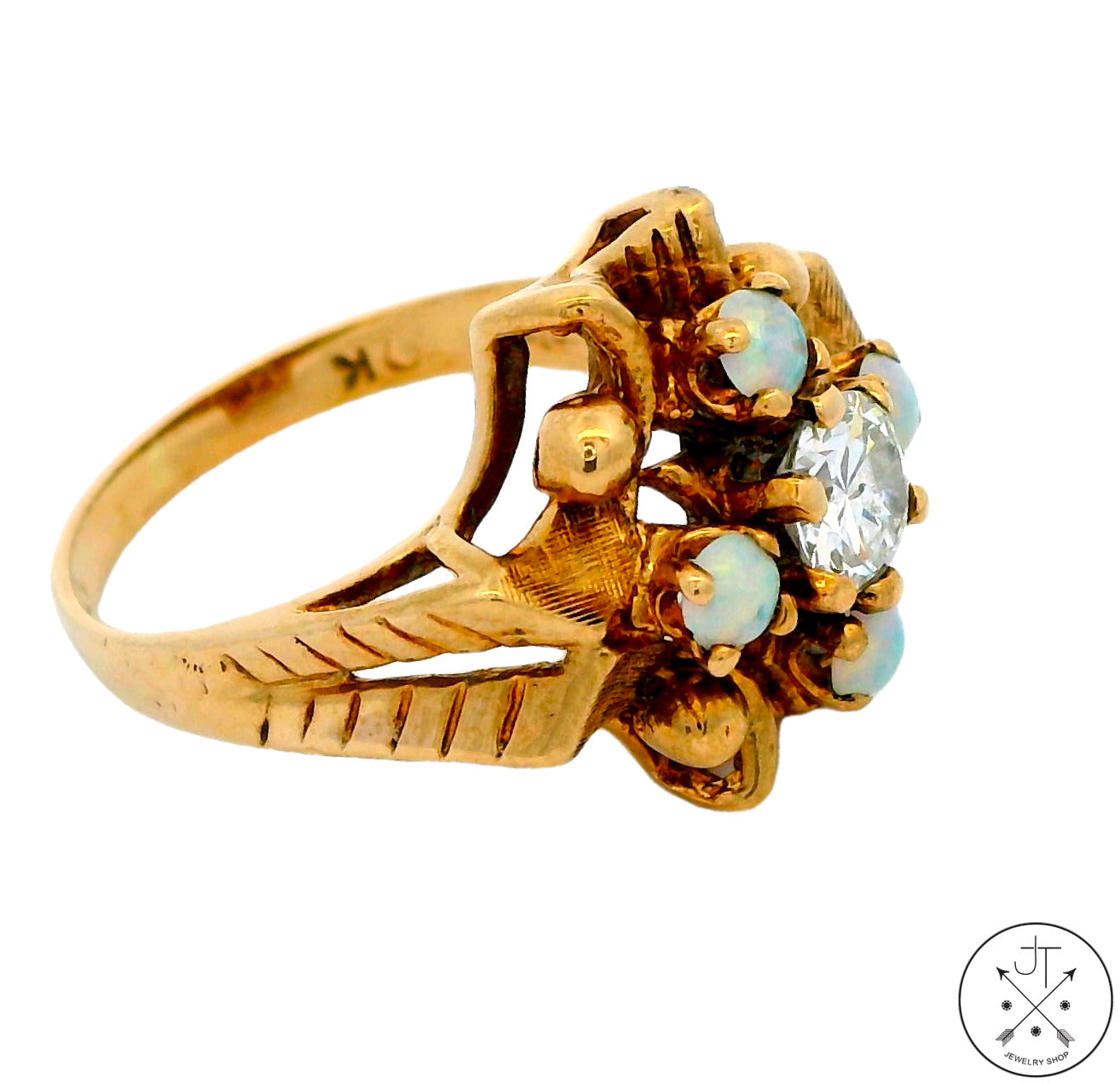 Vintage 10k Yellow Gold Ring with 1/2 carat Old Euro Diamond and Opal Size 5.5