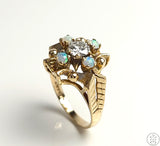 Vintage 10k Yellow Gold Ring with 1/2 carat Old Euro Diamond and Opal Size 5.5