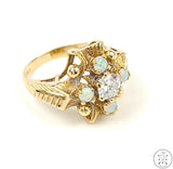Vintage 10k Yellow Gold Ring with 1/2 carat Old Euro Diamond and Opal Size 5.5