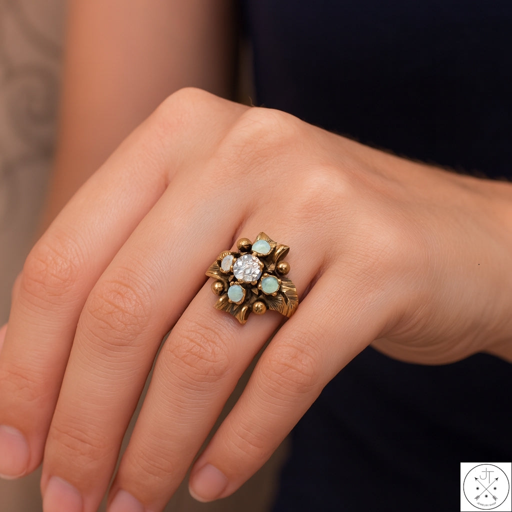 Vintage 10k Yellow Gold Ring with 1/2 carat Old Euro Diamond and Opal Size 5.5