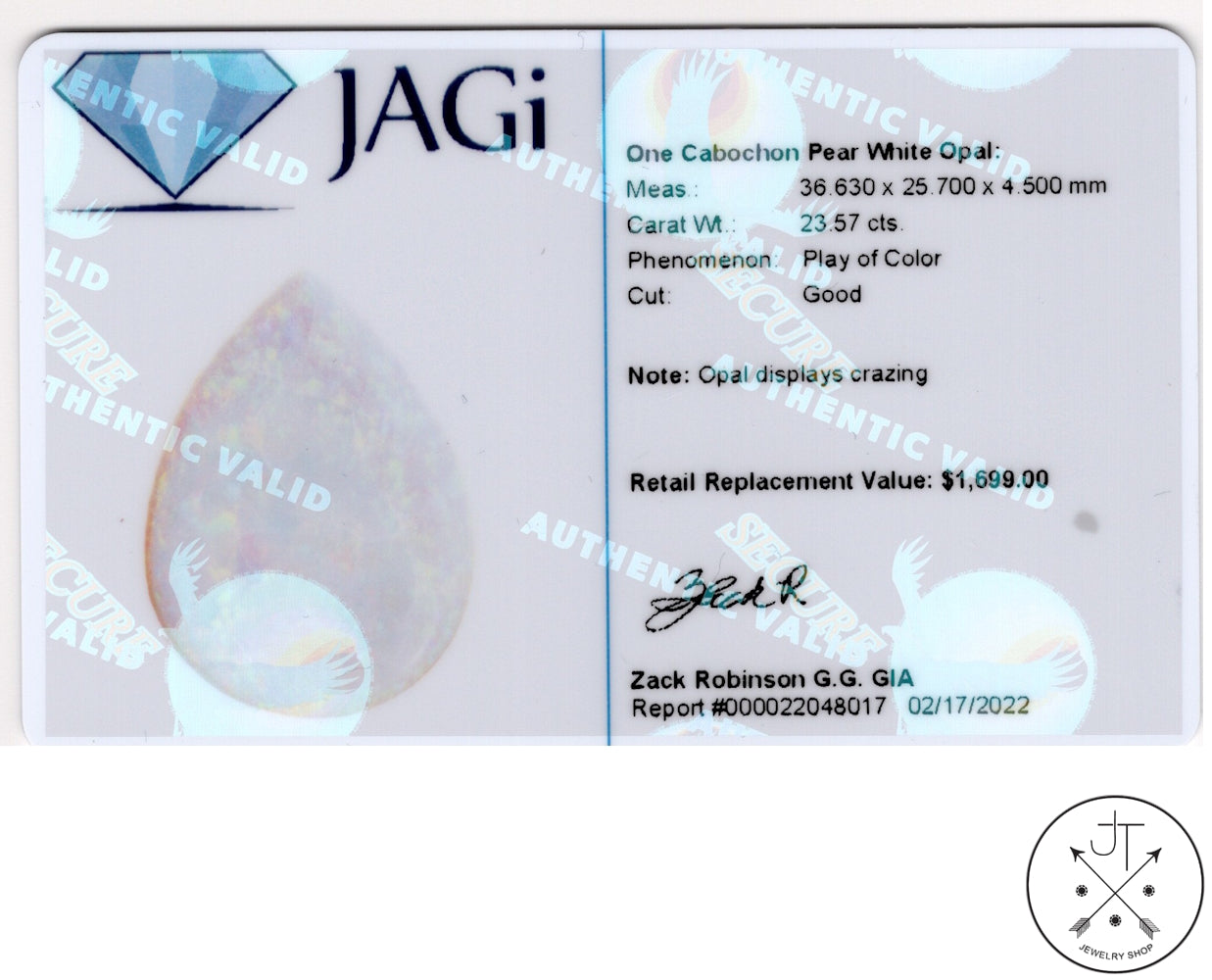 23.57 ct Natural Australian Opal Pear Cabochon 37 x 26 mm Certified Gemstone Loose