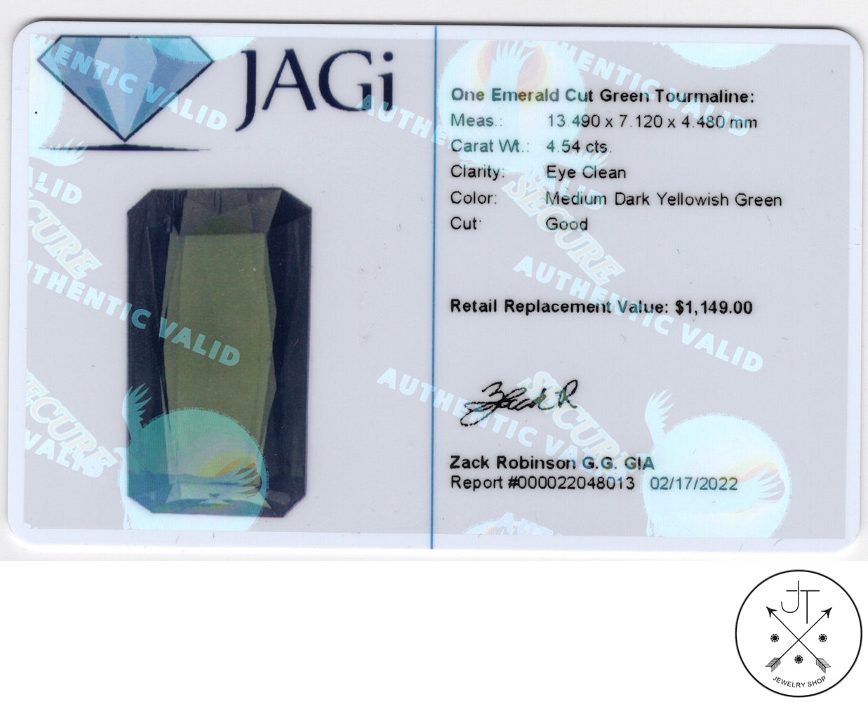 4.54 Carat Natural Green Tourmaline 13.5 x 7 mm Emerald cut Gemstone Certified Loose