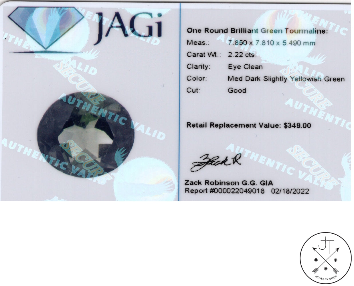 2.22 Carat Natural Green Tourmaline 7.8 mm Round Faceted Gemstone Certified