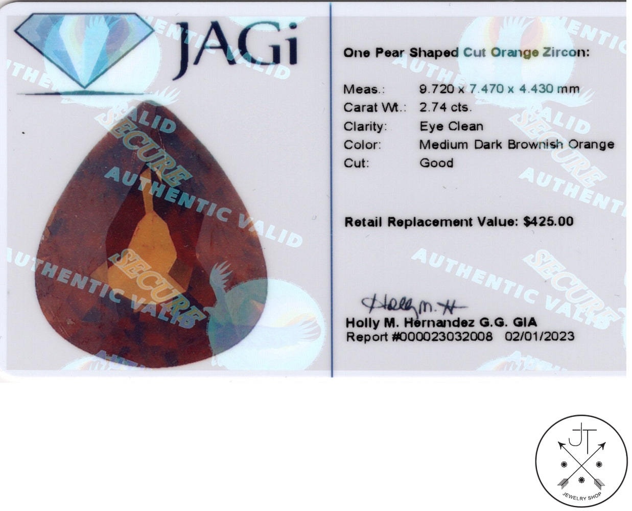 2.74 Carat Natural Orange Zircon 9.7 x 7.5 mm Pear Faceted Gemstone Certified Loose