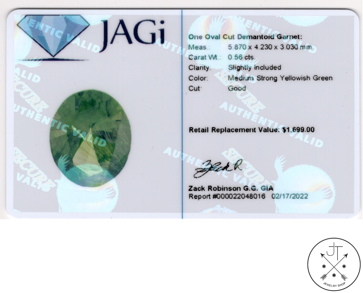 .56 Carat Natural Demantoid Garnet 6 x 4 Oval Faceted Loose Gemstone Certified